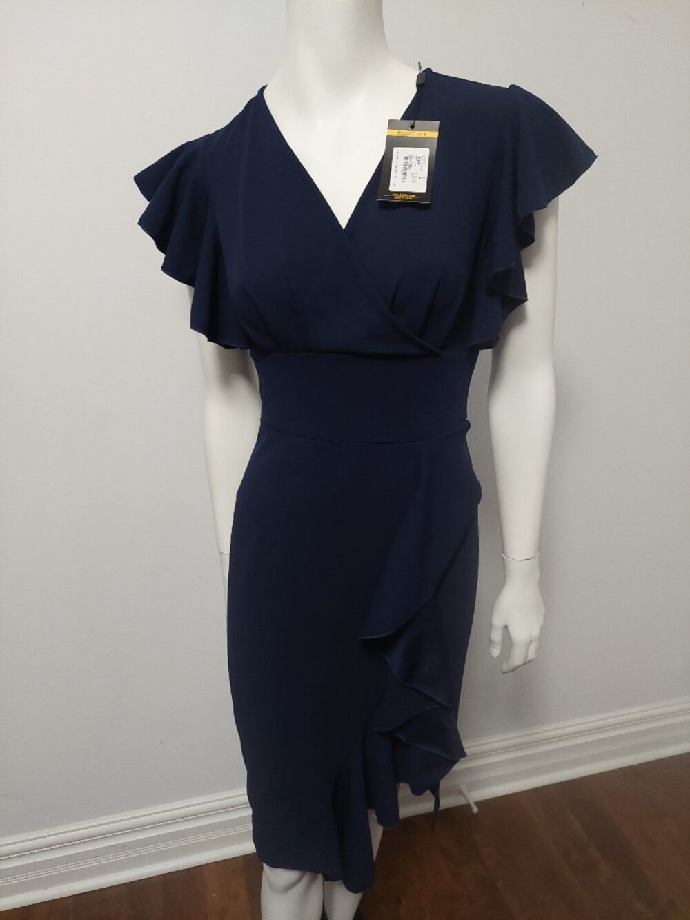 NWT Knitee Navy V-Neck Ruffle Sleeve Cocktail Bodycon Midi Dress S